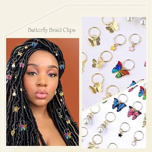 20pcs golden butterfly braid clips and colorful crystal hair charms for women accessories