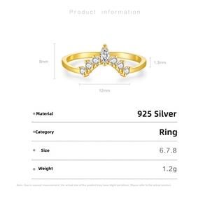 Detailed size specifications for a gold S925 sterling silver V-shaped crown ring with gems
