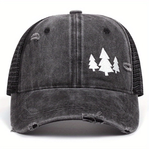 Casquette de baseball délavée avec broderie de trois pins et filet arrière respirant