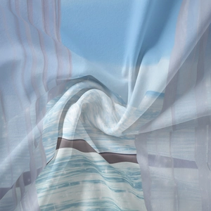 Detail of bohemian landscape tapestry fabric with semi-transparent vertical wave textures