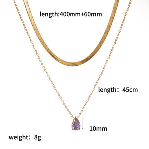 Double-layered gold necklace with snake chain and pear-shaped purple zircon pendant