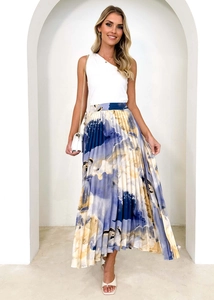 Detail of high-waisted pleated midi skirt featuring abstract oil painting print and drapes