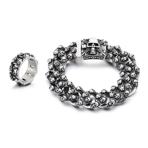 Vintage stainless steel skull bracelet and ring set for men in silver hip-hop style