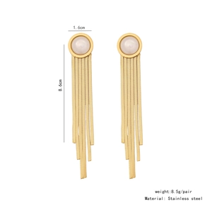 Detail view of long tassel pearl earrings in gold stainless steel with dimensions shown
