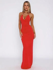 Sexy deep V-neck backless red maxi dress with golden metal ring detail on straps