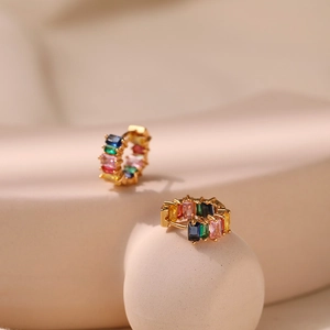 Rainbow hoop earrings in 18K gold plated brass with colorful baguette-cut cubic zirconia