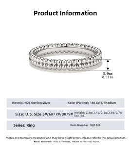 Size chart showing width, weight and materials for double-row silver bead ring