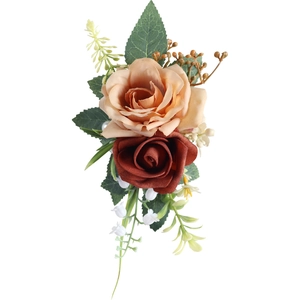 Elegant champagne and red artificial rose boutonniere for wedding guests and banquets