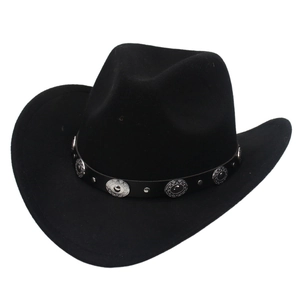 Detail of western cowboy felt hat featuring vintage silver buckles on black decorative band