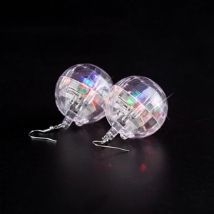 Glow LED disco ball earrings with colorful light effects on a sleek black background