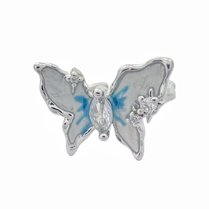 Blue gradient enamel butterfly open ring with silver finish and sparkling crystals