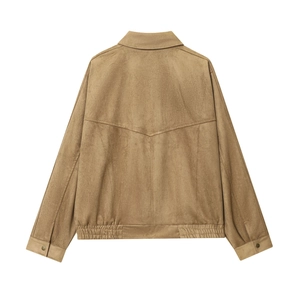 Rear view of khaki faux suede jacket with collar and back panel stitching details