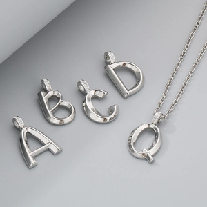 Detail of silver letter pendants A, B, C, D, Q with micro diamonds for jewelry making