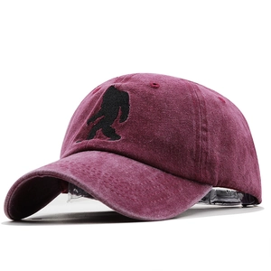 Vintage washed cotton baseball cap in burgundy with Bigfoot silhouette embroidery