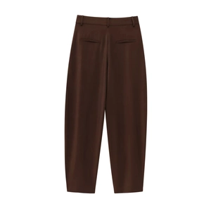 Deep coffee high-waisted straight-leg trousers for women with clean back pocket details