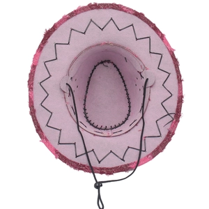 Pink western cowboy hat detail showing frayed denim edges and black drawstring strap
