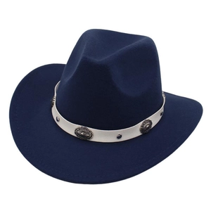 Navy blue wide brim wool felt jazz hat with white band and vintage metal buckle