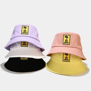 Cotton Twill Bucket Hat With Coconut Tree And Letter Patch Casual Outdoor Sun Protection Streetwear For Men Women