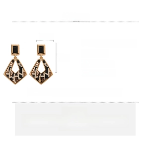 Detailed spec sheet for geometric acetate earrings with alloy and rhinestone material details