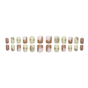 Short round press-on nails set in nude and coffee tones with abstract wavy patterns