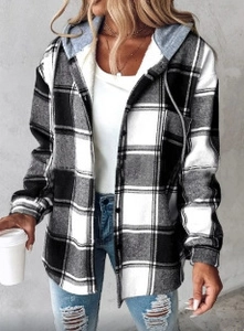Women's plaid hooded shirt jacket in black and white checkers with grey drawstring hood