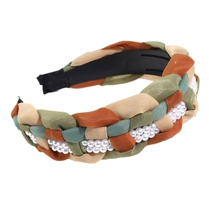 Handmade twisted mesh headband with elegant pearls and colorful silk fabric