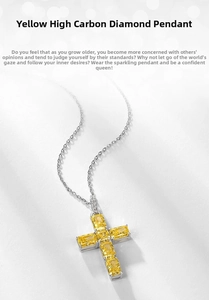 Macro detail of cross pendant with square-cut yellow carbon diamonds on silver chain