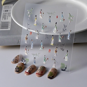Detaillierte 5D-Relief Nagelsticker mit klassischen chinesischen Figuren und Bambusmotiven