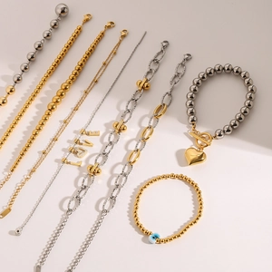 Mix of stainless steel beaded bracelets and necklaces with LOVE and heart pendants