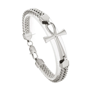 Men's stainless steel double dragon bone snake chain bracelet with Egyptian Ankh Cross