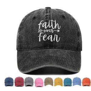 Detailed embroidery of Faith Over Fear on vintage washed cotton baseball caps in 10 colors