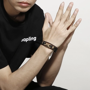 Men's multilayer black braided leather bracelet with vintage gold metal accents