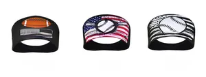 Detailed view of elastic sports headbands featuring football and baseball graphic prints