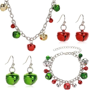 Colorful Christmas jewelry set with bell necklace bracelet and earrings on white background