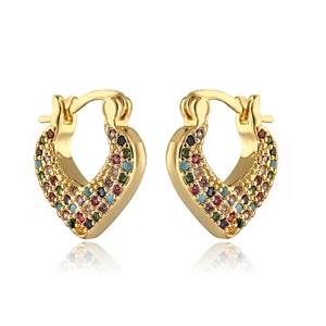 Exquisite gold-plated heart hoop earrings encrusted with colorful rainbow cubic zirconia
