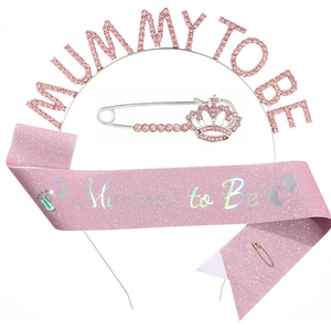 Pink glittery Mummy to Be sash and tiara set for baby shower parties with crown pin