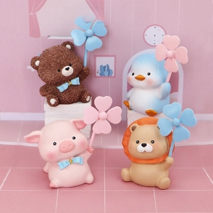 Set of four cute resin animals with colorful windmills for car and desk decoration