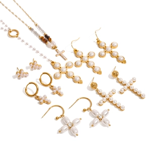 Gold stainless steel pearl necklace and cross earrings jewelry set for women
