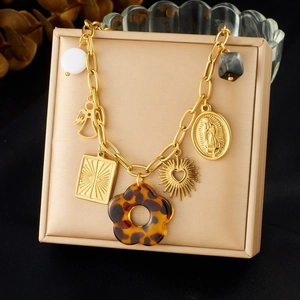 Vintage Gold Plated Stainless Steel Multi Pendant Necklace For Women With Acrylic Leopard Flower Angel Heart And Beads