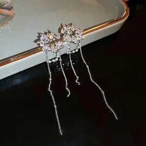 C-shaped moon earring with zircon leaves, pearl tassels and long silver needle chain