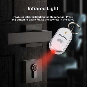 Detail view of white oval key finder with infrared LED light and metal ring on dark door