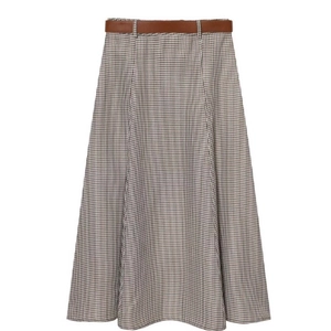 Jupe trapèze classique à motif pied-de-poule avec ceinture en cuir marron élégante