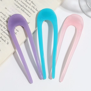 Chic U-shaped jelly color acetate hair pins in purple, blue, and pink set of 3