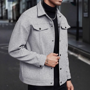 Men's grey lapel wool blend casual jacket with front flap pockets for autumn