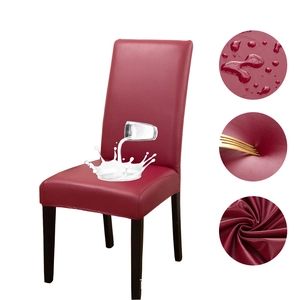 Waterproof red PU leather stretch chair cover for dining chairs with wooden legs