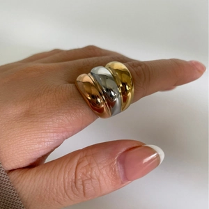 Layered Multi Row Ring 316L Stainless Steel 18K Gold Plated Waterproof High Polish Tri Color Statement Jewelry For Women
