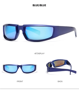 Blue wrap-around sport sunglasses with blue mirrored lenses shown from multiple angles