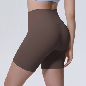 Détails du short de yoga taille haute sans couture marron foncé avec couture en V