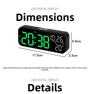 Detail showing 9-inch LED digital clock dimensions: 17.5cm x 6.8cm x 3.5cm on white background