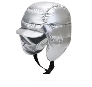 Detail view of silver windproof bomber hat with ear flaps and adjustable chin strap buckle